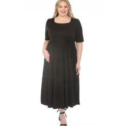 Women'sSquare Neck Short Sleeve Tiered Dress - Black - Plus