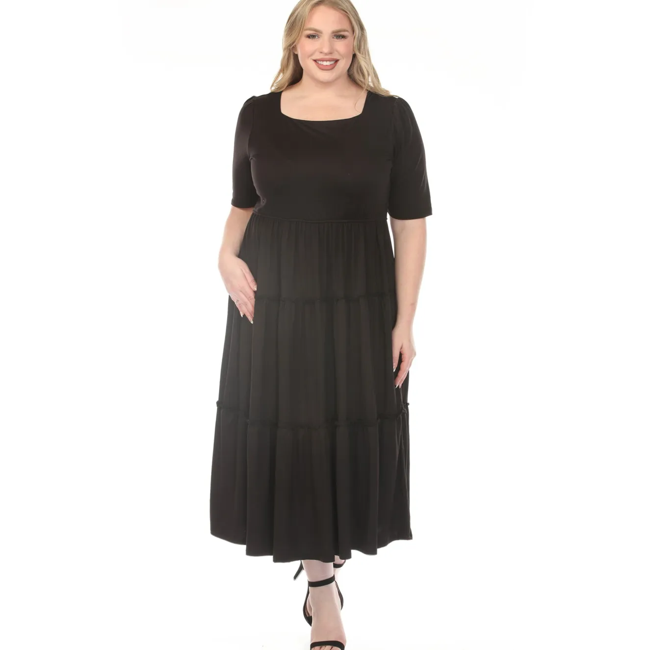 Women'sSquare Neck Short Sleeve Tiered Dress - Black - Plus