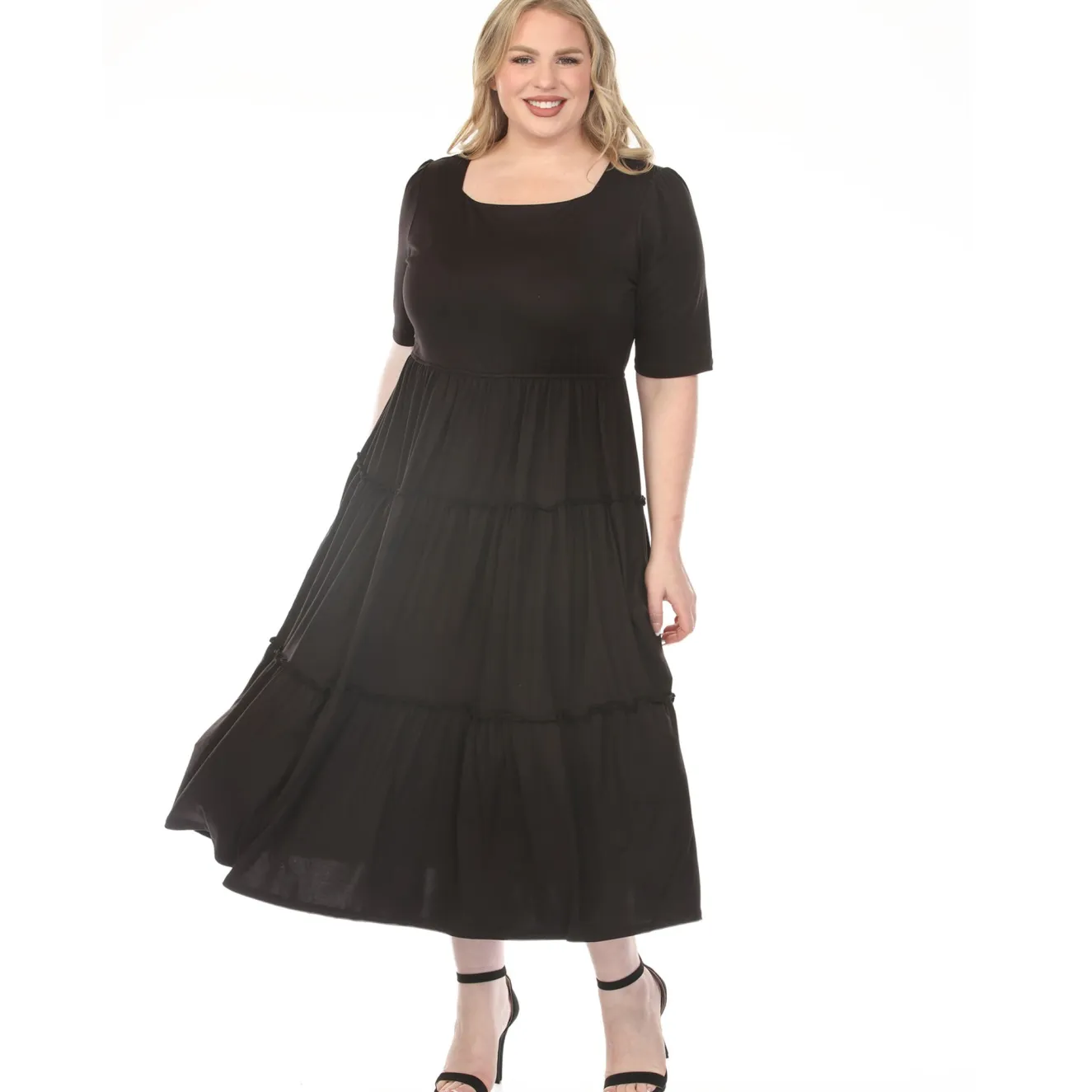 Women'sSquare Neck Short Sleeve Tiered Dress - Black - Plus