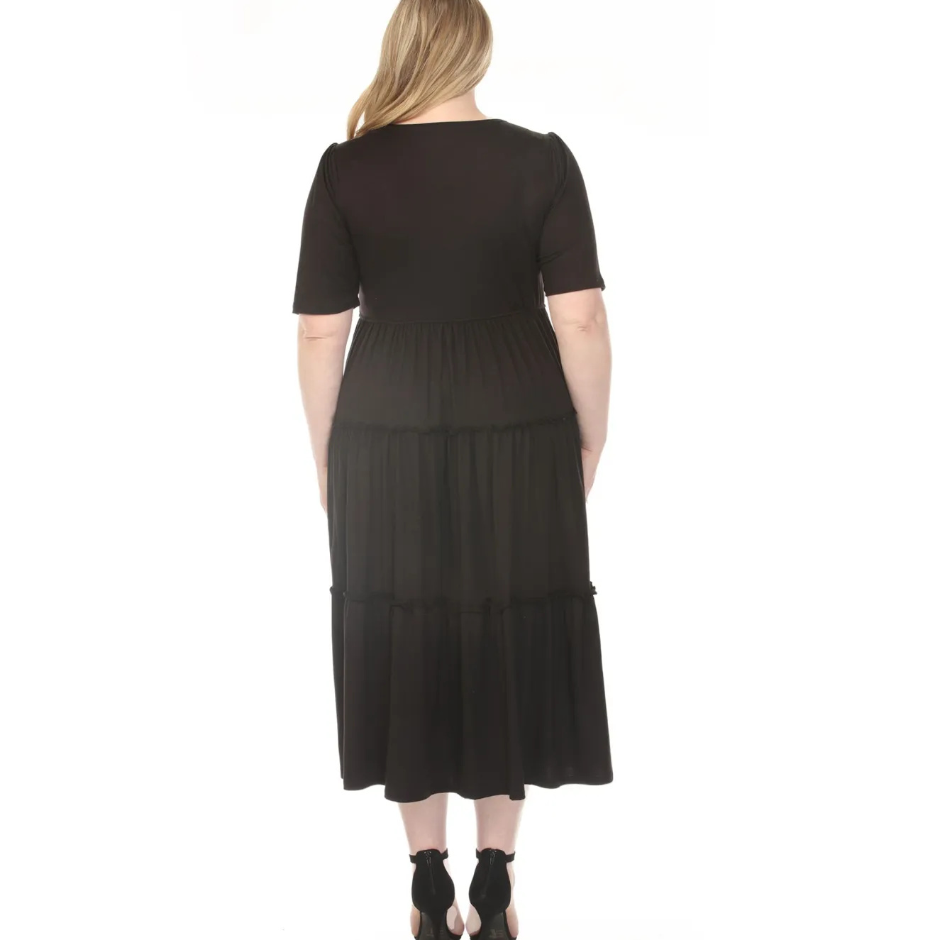 Women'sSquare Neck Short Sleeve Tiered Dress - Black - Plus
