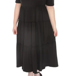 Women'sSquare Neck Short Sleeve Tiered Dress - Black - Plus