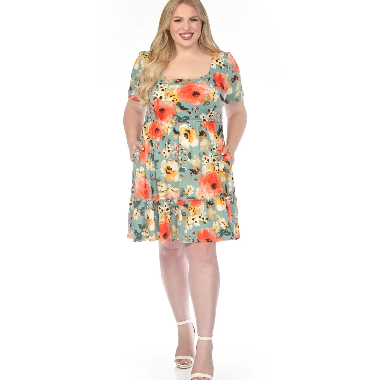 Women'sSquare Neck Short Sleeve Floral Dress - Sage Coral - Plus