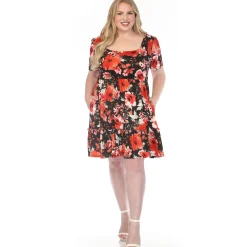 Women'sSquare Neck Short Sleeve Floral Dress - Black Red - Plus