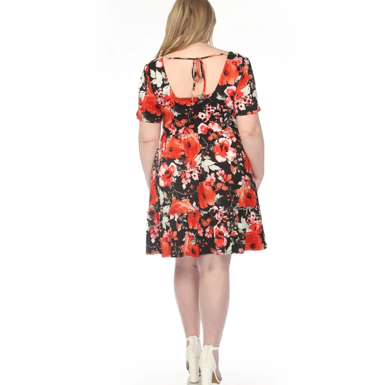 Women'sSquare Neck Short Sleeve Floral Dress - Black Red - Plus