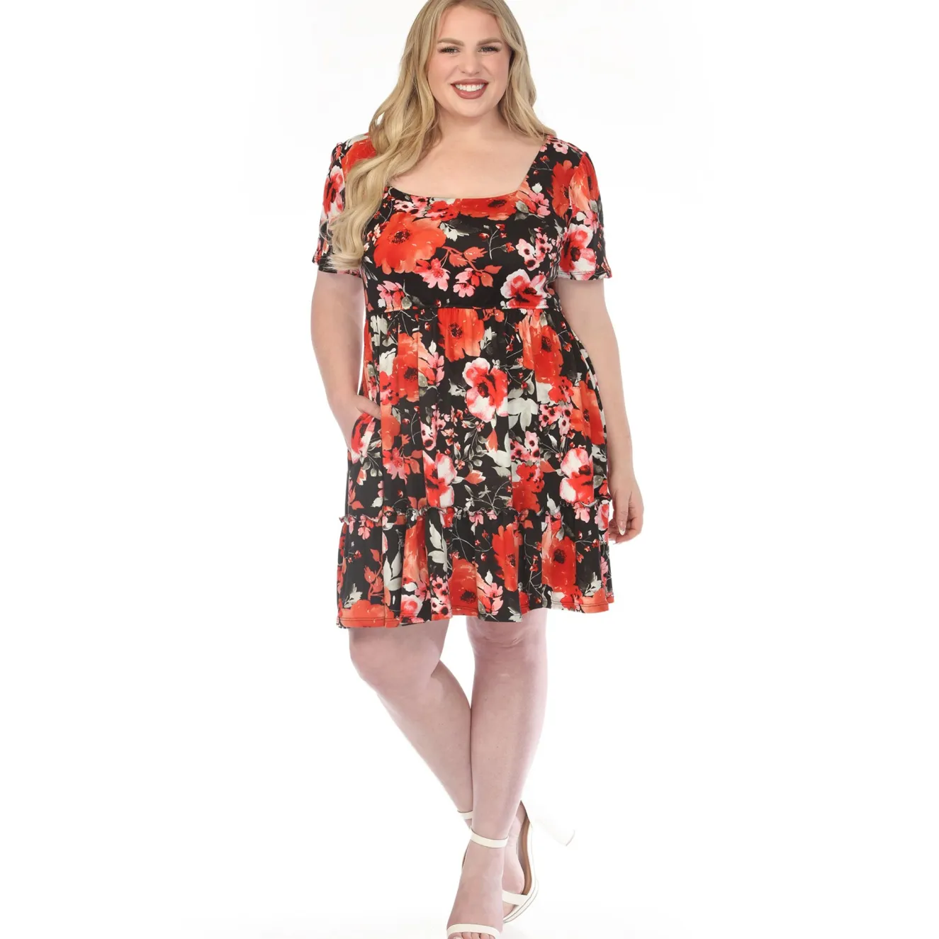 Women'sSquare Neck Short Sleeve Floral Dress - Black Red - Plus