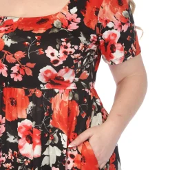 Women'sSquare Neck Short Sleeve Floral Dress - Black Red - Plus