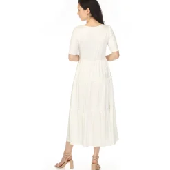 Women's Square Neck Short Sleeve Tiered Dress - Off White