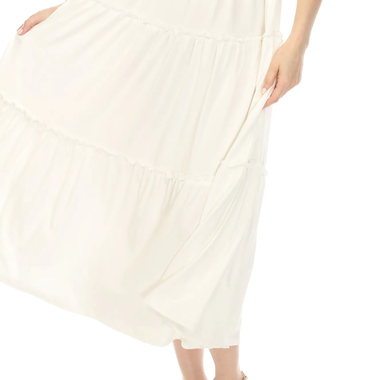 Women's Square Neck Short Sleeve Tiered Dress - Off White