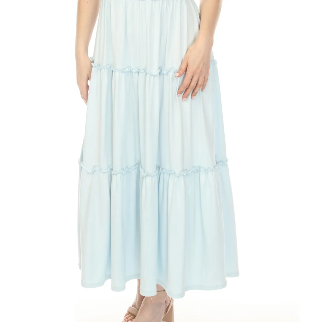 Women's Square Neck Short Sleeve Tiered Dress - Dusty Blue