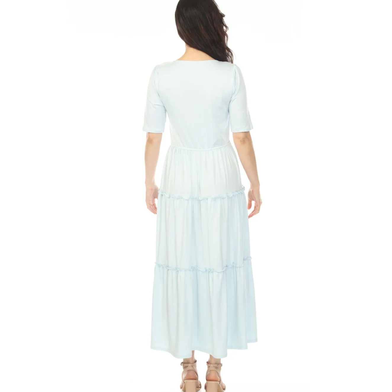 Women's Square Neck Short Sleeve Tiered Dress - Dusty Blue