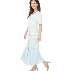 Women's Square Neck Short Sleeve Tiered Dress - Dusty Blue