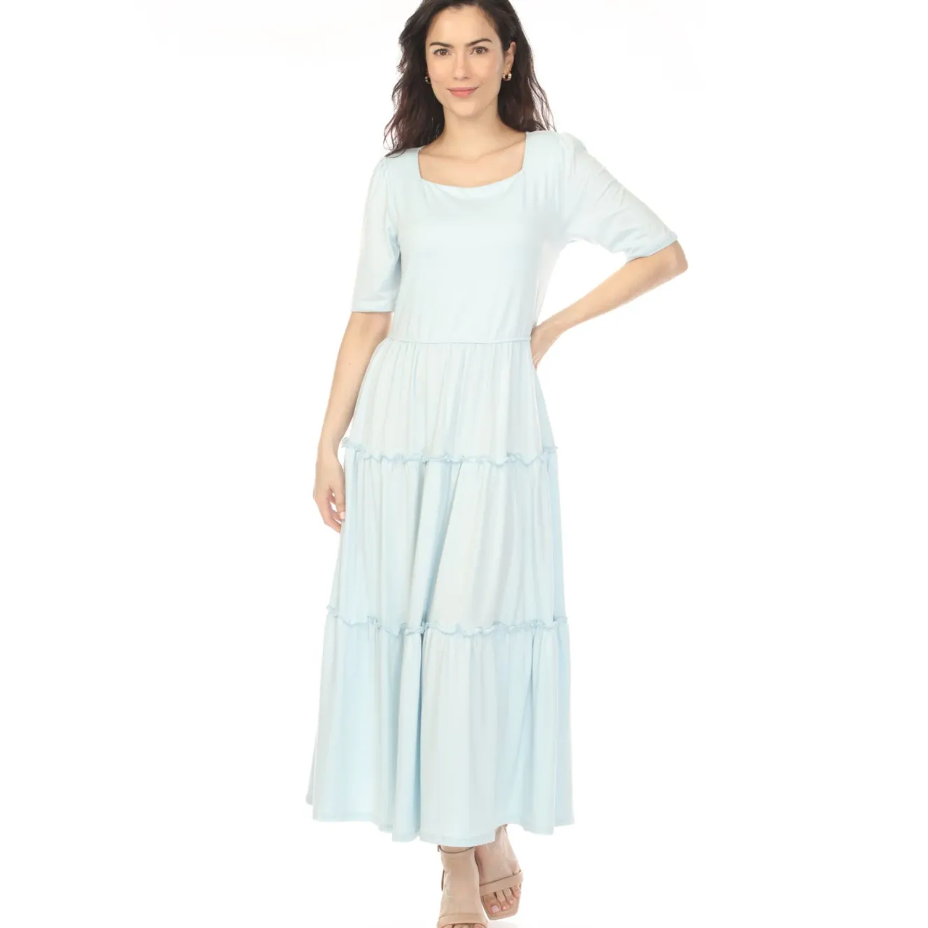 Women's Square Neck Short Sleeve Tiered Dress - Dusty Blue