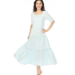 Women's Square Neck Short Sleeve Tiered Dress - Dusty Blue