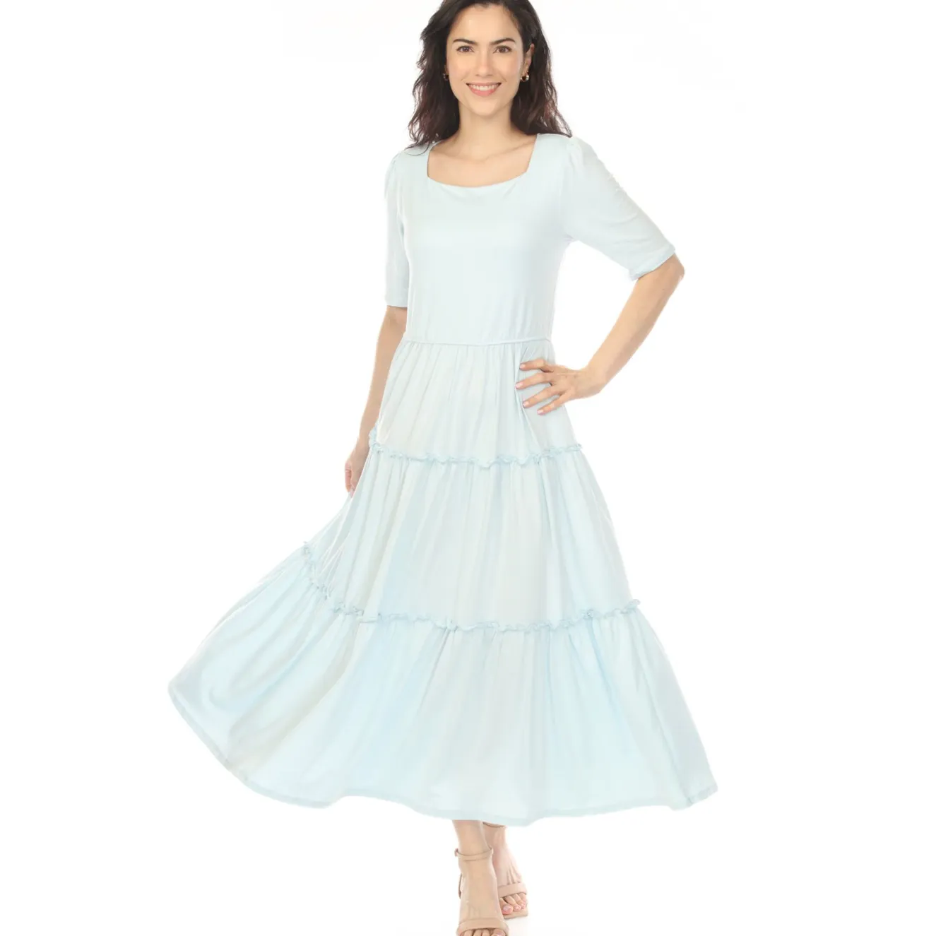 Women's Square Neck Short Sleeve Tiered Dress - Dusty Blue