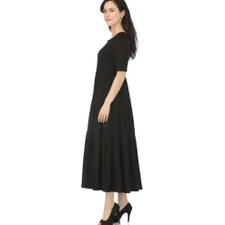 Women's Square Neck Short Sleeve Tiered Dress - Black