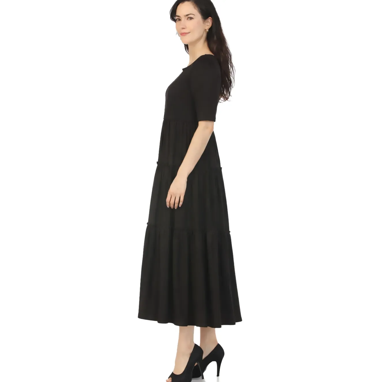 Women's Square Neck Short Sleeve Tiered Dress - Black