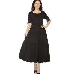 Women's Square Neck Short Sleeve Tiered Dress - Black