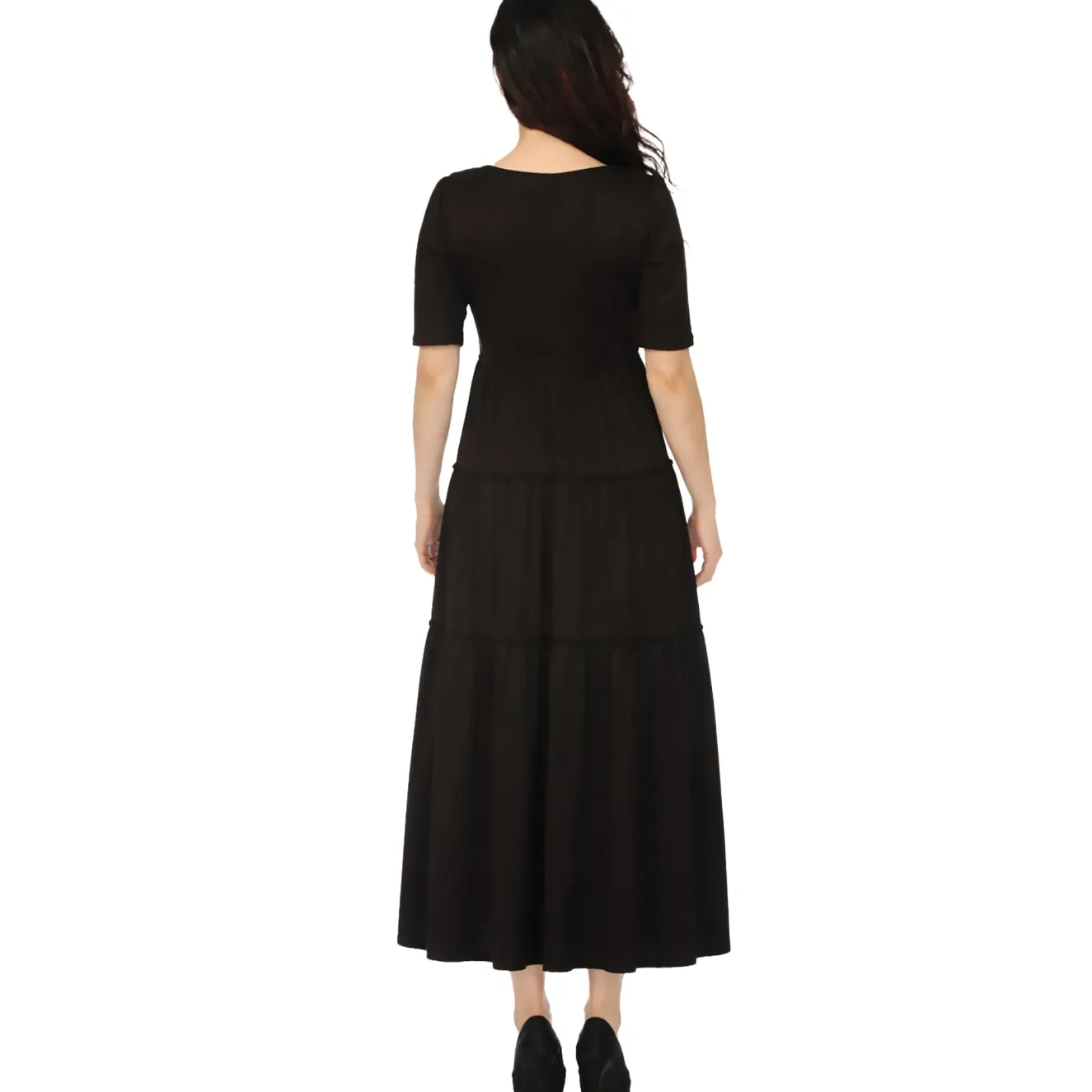 Women's Square Neck Short Sleeve Tiered Dress - Black