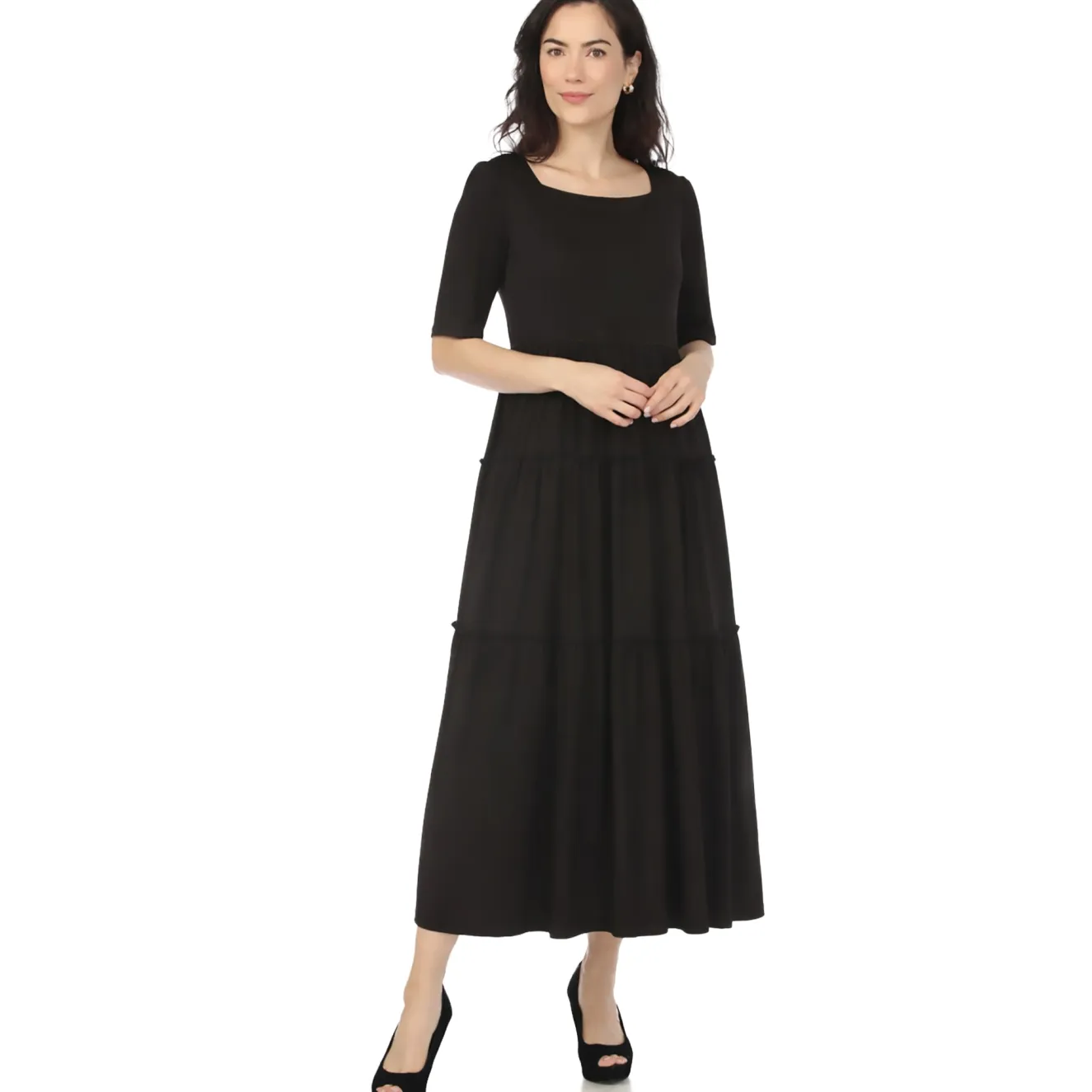 Women's Square Neck Short Sleeve Tiered Dress - Black