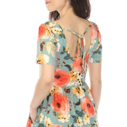 Women's Square Neck Short Sleeve Floral Dress - Sage Coral