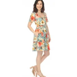 Women's Square Neck Short Sleeve Floral Dress - Sage Coral