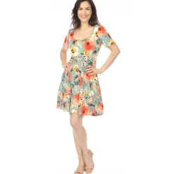 Women's Square Neck Short Sleeve Floral Dress - Sage Coral