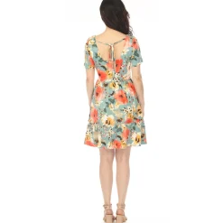 Women's Square Neck Short Sleeve Floral Dress - Sage Coral