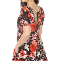 Women's Square Neck Short Sleeve Floral Dress - Black Red