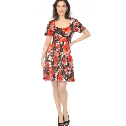 Women's Square Neck Short Sleeve Floral Dress - Black Red