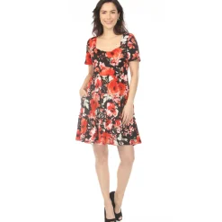 Women's Square Neck Short Sleeve Floral Dress - Black Red