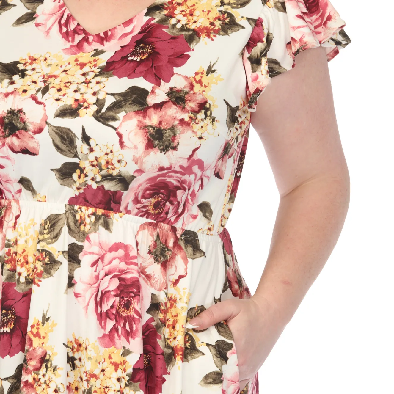 Women'sV-Neck Empire Dress - Ivory Mauve - Plus