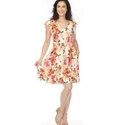 Women's V-Neck Empire Dress - Ivory Orange