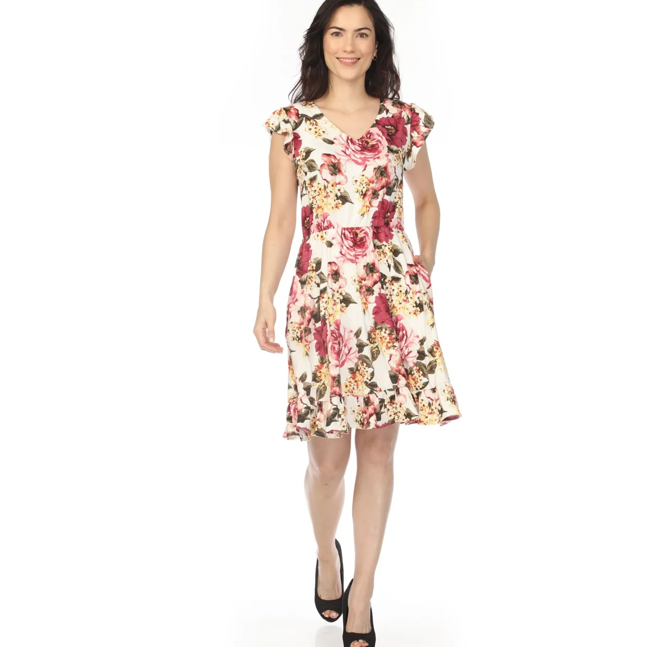 Women's V-Neck Empire Dress - Ivory Mauve