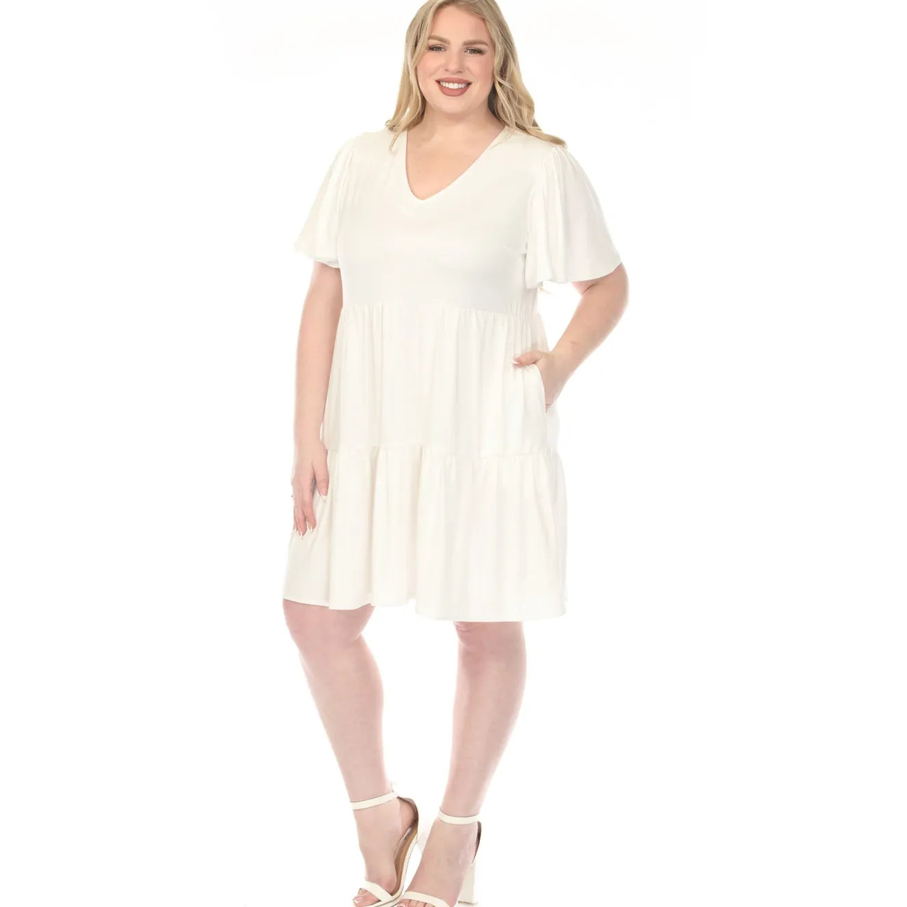 Women'sV-Neck Short Sleeve Dress - Off White - Plus