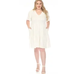 Women'sV-Neck Short Sleeve Dress - Off White - Plus