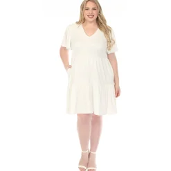 Women'sV-Neck Short Sleeve Dress - Off White - Plus