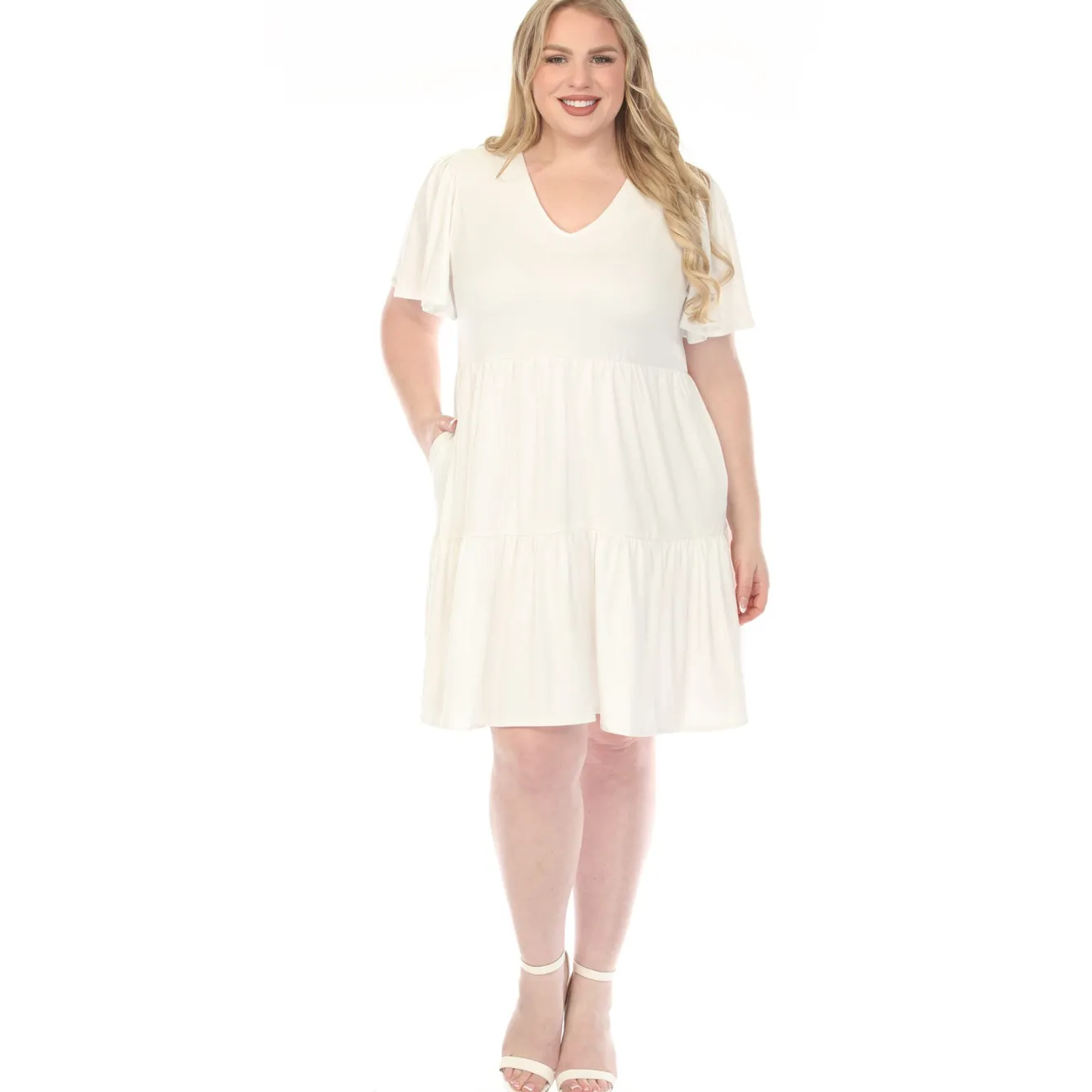 Women'sV-Neck Short Sleeve Dress - Off White - Plus