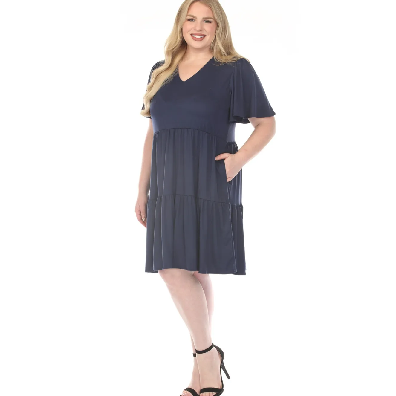 Women'sV-Neck Short Sleeve Dress - Navy - Plus