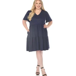 Women'sV-Neck Short Sleeve Dress - Navy - Plus