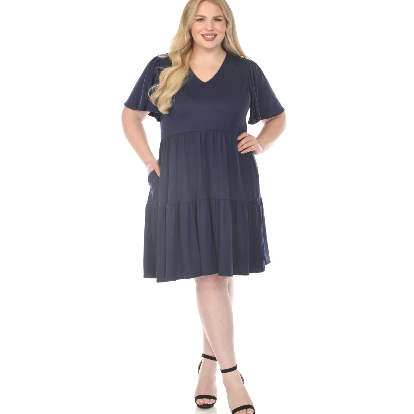 Women'sV-Neck Short Sleeve Dress - Navy - Plus