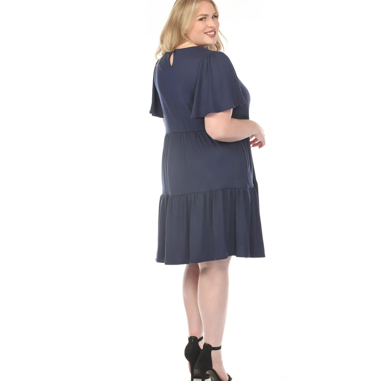 Women'sV-Neck Short Sleeve Dress - Navy - Plus
