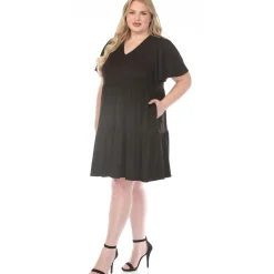 Women'sV-Neck Short Sleeve Dress - Black - Plus