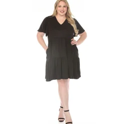 Women'sV-Neck Short Sleeve Dress - Black - Plus