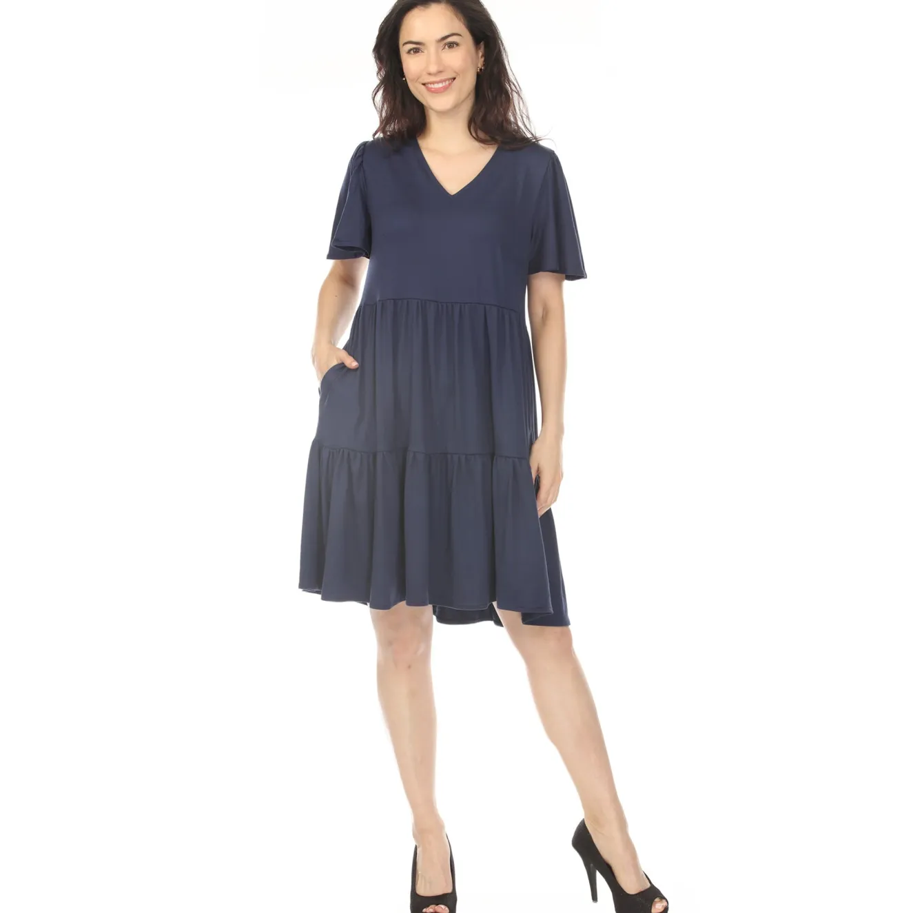 Women's V-Neck Short Sleeve Dress - Navy