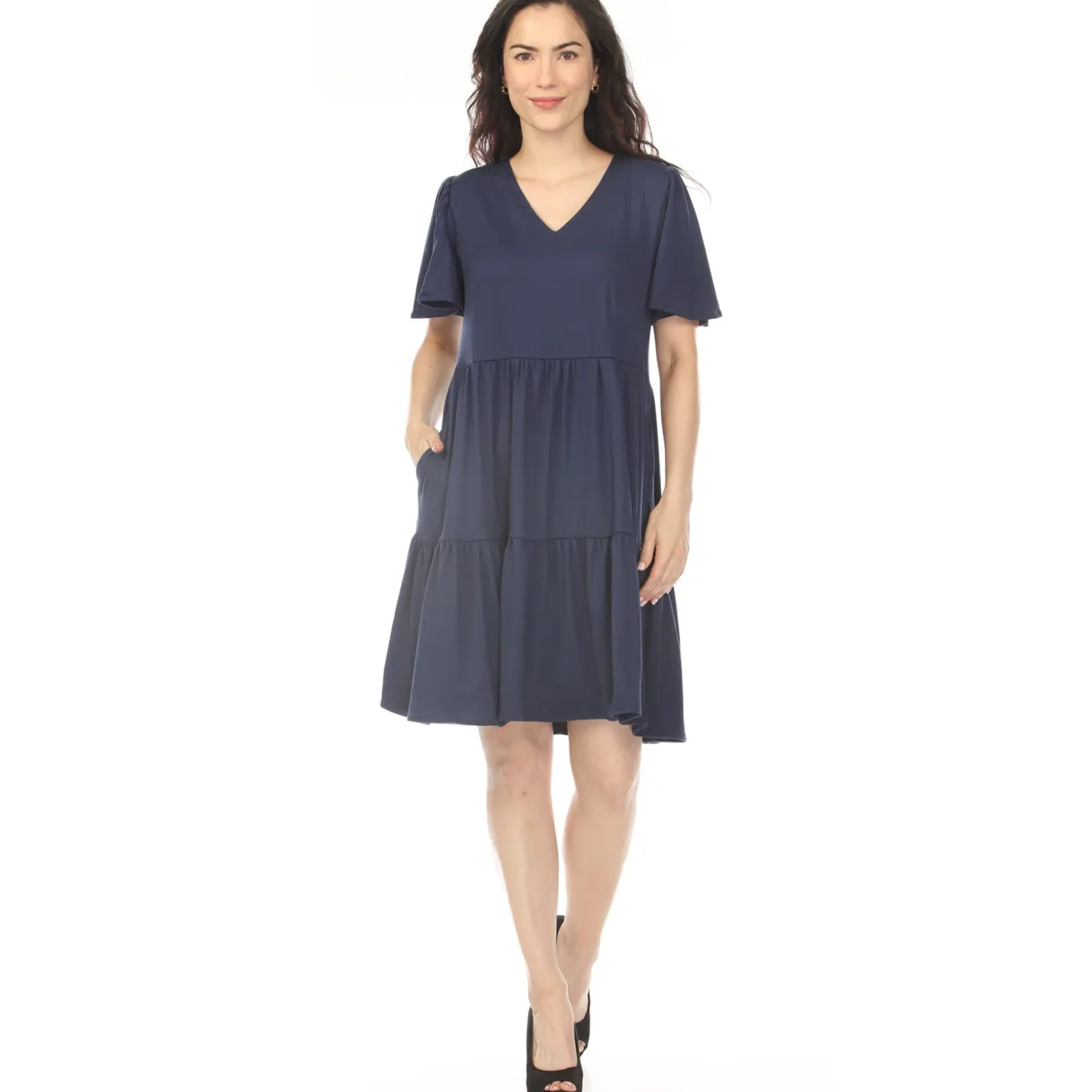 Women's V-Neck Short Sleeve Dress - Navy