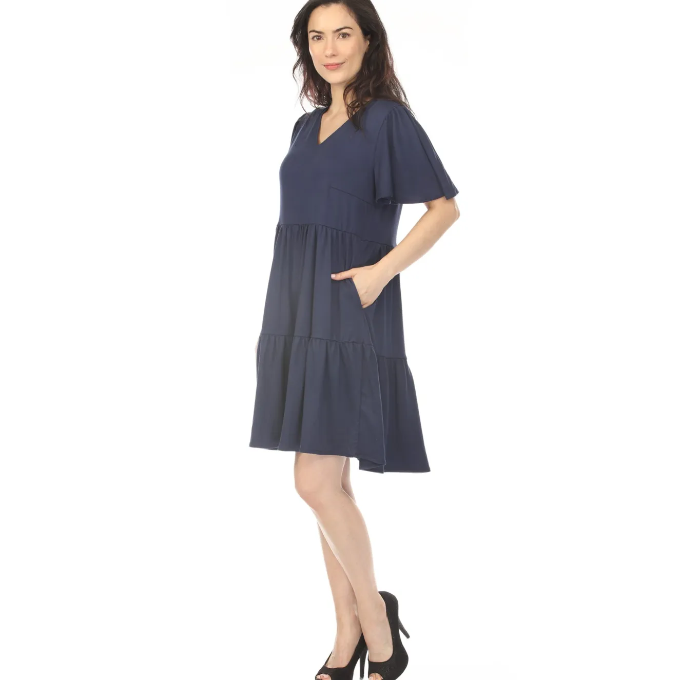 Women's V-Neck Short Sleeve Dress - Navy