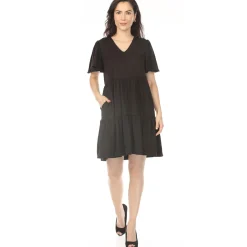 Women's V-Neck Short Sleeve Dress - Black