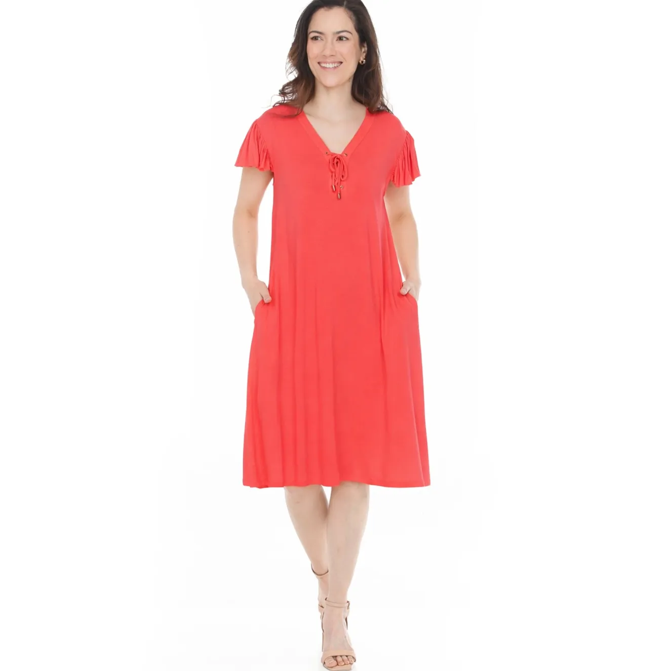 Women's V-Neck Tie Front Flutter Sleeve Shift Dress