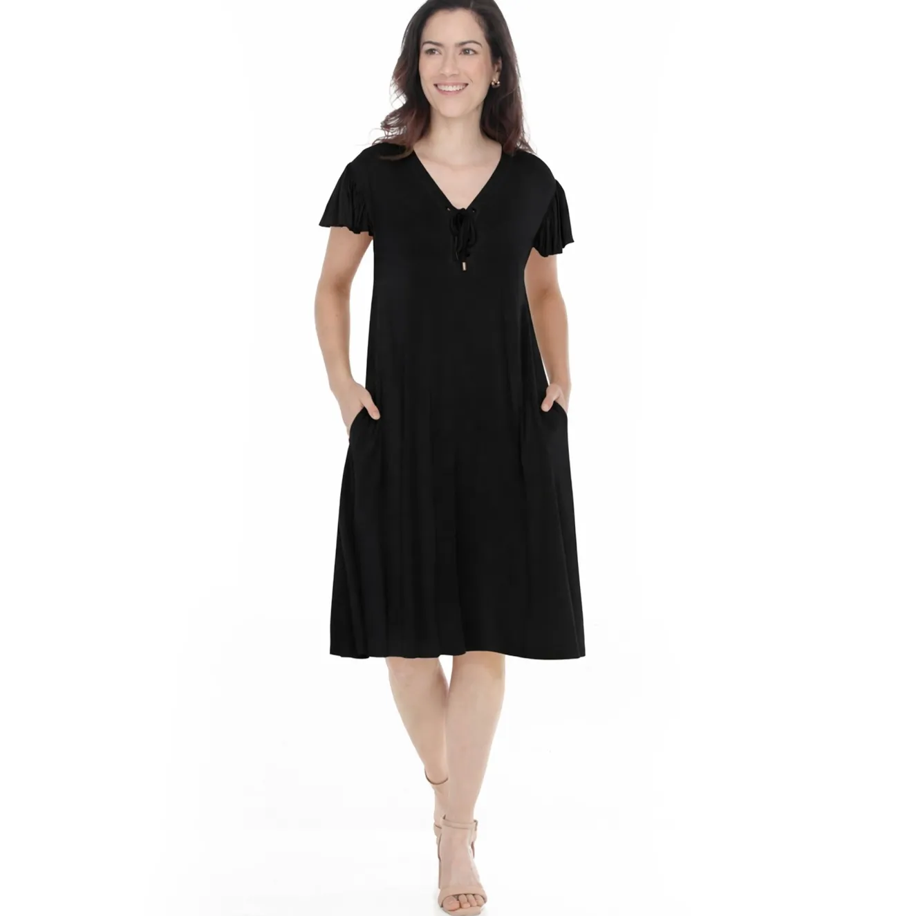 Women's V-Neck Tie Front Flutter Sleeve Shift Dress