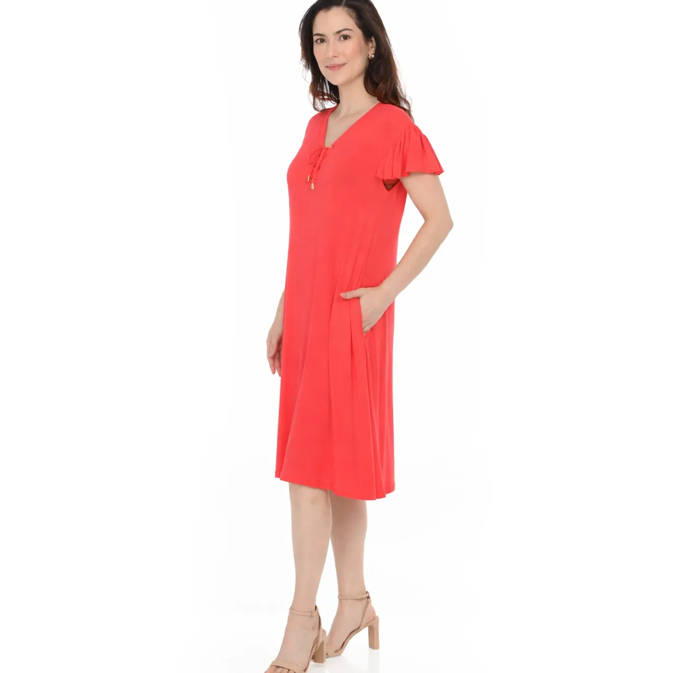 Women's V-Neck Tie Front Flutter Sleeve Shift Dress